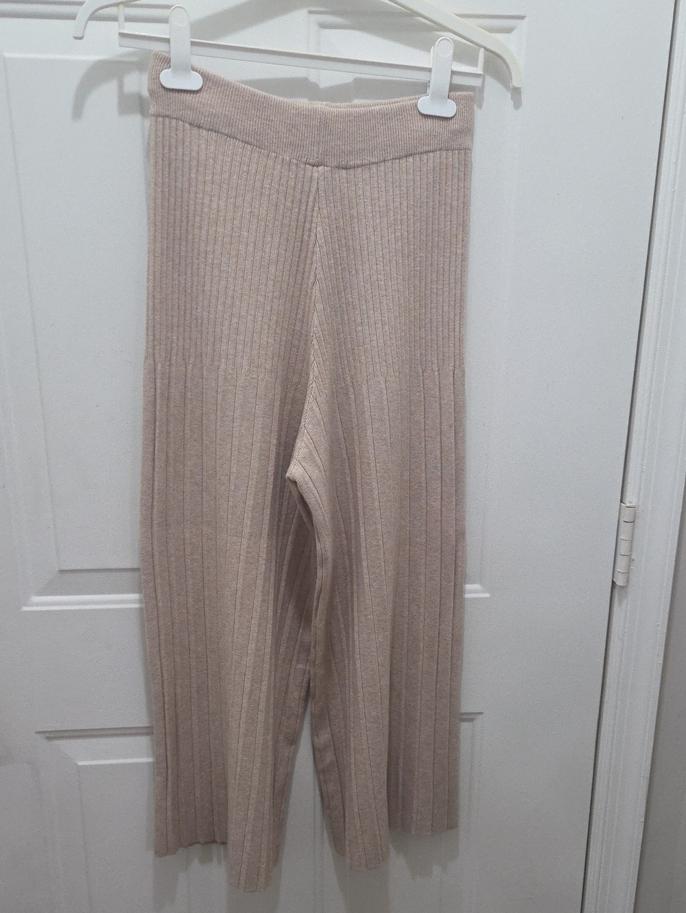 Ribbed Knit Wide-Leg Pants in Beige - One Size